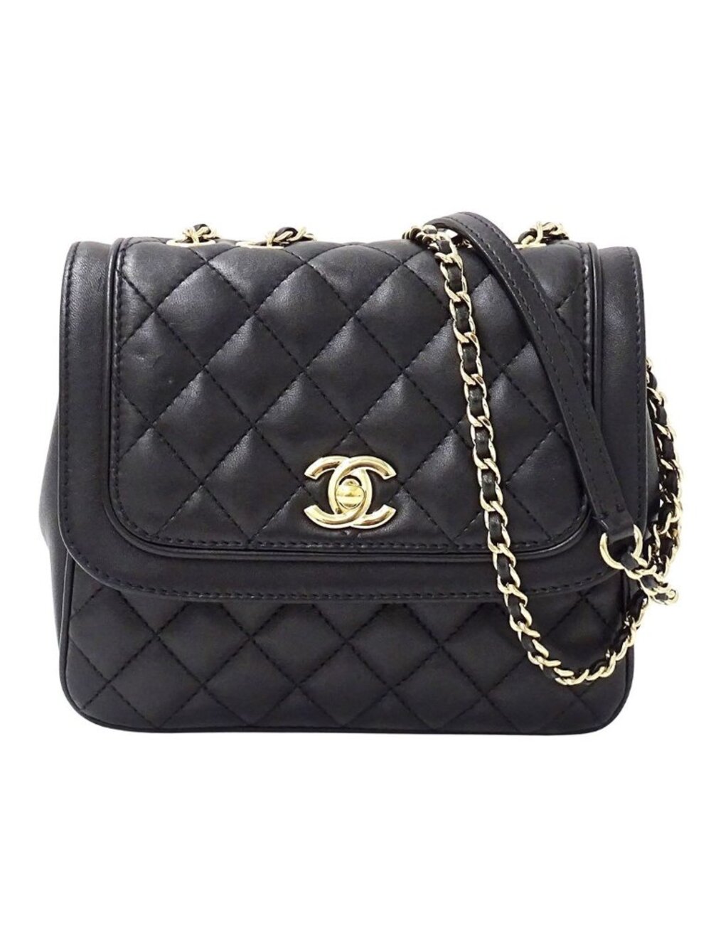 Chanel Quilted Shoulder Bag Lambskin Black Gold Chain